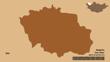 Moğolistan 'ın başkenti sağlam bir zemin üzerinde izole edilmiş Uvların şeklidir. Uzaklık ölçeği, bölge önizlemesi ve etiketleri. Düzenli desenli dokuların bileşimi. 3B görüntüleme
