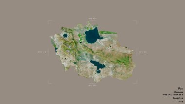 Moğolistan 'ın Uvlar bölgesi, katı bir arka planda izole edilmiş bir sınır kutusunda. Etiketler. Uydu görüntüleri. 3B görüntüleme