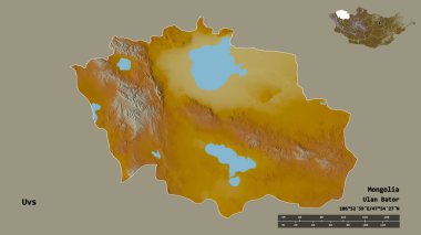 Moğolistan 'ın başkenti sağlam bir zemin üzerinde izole edilmiş Uvların şeklidir. Uzaklık ölçeği, bölge önizlemesi ve etiketleri. Topografik yardım haritası. 3B görüntüleme