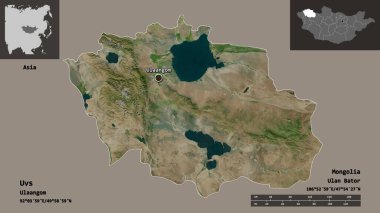 Uvların şekli, Moğolistan ili ve başkenti. Uzaklık ölçeği, ön gösterimler ve etiketler. Uydu görüntüleri. 3B görüntüleme