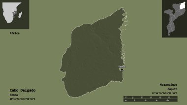 Cabo Delgado 'nun şekli, Mozambik ili ve başkenti. Uzaklık ölçeği, ön gösterimler ve etiketler. Renkli yükseklik haritası. 3B görüntüleme