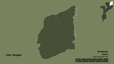 Cabo Delgado 'nun şekli, Mozambik ili, başkenti sağlam arka planda izole edilmiş. Uzaklık ölçeği, bölge önizlemesi ve etiketleri. Renkli yükseklik haritası. 3B görüntüleme