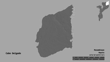 Cabo Delgado 'nun şekli, Mozambik ili, başkenti sağlam arka planda izole edilmiş. Uzaklık ölçeği, bölge önizlemesi ve etiketleri. Çift seviyeli yükseklik haritası. 3B görüntüleme