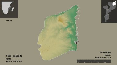 Cabo Delgado 'nun şekli, Mozambik ili ve başkenti. Uzaklık ölçeği, ön gösterimler ve etiketler. Topografik yardım haritası. 3B görüntüleme