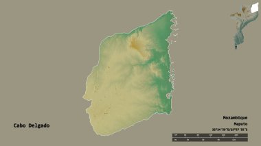 Cabo Delgado 'nun şekli, Mozambik ili, başkenti sağlam arka planda izole edilmiş. Uzaklık ölçeği, bölge önizlemesi ve etiketleri. Topografik yardım haritası. 3B görüntüleme