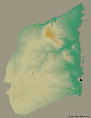 Mozambik ili Cabo Delgado 'nun şekli, başkenti katı bir renk arkaplanı ile izole edilmiştir. Topografik yardım haritası. 3B görüntüleme