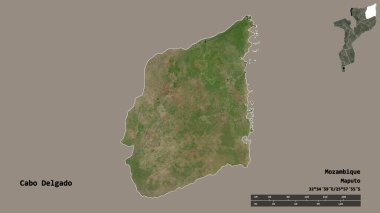 Cabo Delgado 'nun şekli, Mozambik ili, başkenti sağlam arka planda izole edilmiş. Uzaklık ölçeği, bölge önizlemesi ve etiketleri. Uydu görüntüleri. 3B görüntüleme