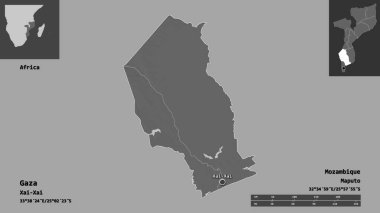 Gazze 'nin şekli, Mozambik ili ve başkenti. Uzaklık ölçeği, ön gösterimler ve etiketler. Çift seviyeli yükseklik haritası. 3B görüntüleme