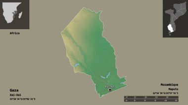 Gazze 'nin şekli, Mozambik ili ve başkenti. Uzaklık ölçeği, ön gösterimler ve etiketler. Topografik yardım haritası. 3B görüntüleme