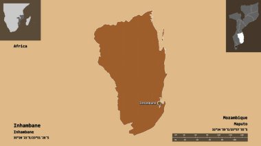 Inhambane 'nin şekli, Mozambik ili ve başkenti. Uzaklık ölçeği, ön gösterimler ve etiketler. Düzenli desenli dokuların bileşimi. 3B görüntüleme