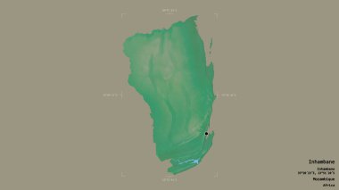 Inhambane bölgesi, Mozambik vilayeti, jeoreferatlı bir sınır kutusunda sağlam bir arka planda izole edilmiş. Etiketler. Topografik yardım haritası. 3B görüntüleme
