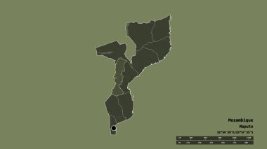 Başkenti, ana bölgesel bölümü ve ayrılmış Manica bölgesiyle Mozambik 'in deforme edilmiş şekli. Etiketler. Renkli yükseklik haritası. 3B görüntüleme