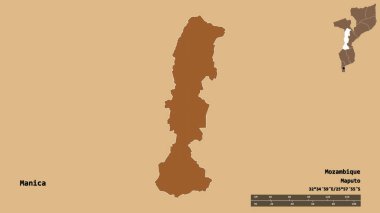 Mozambik ili, Manica 'nın şekli, başkenti sağlam bir zemin üzerinde izole edilmiş. Uzaklık ölçeği, bölge önizlemesi ve etiketleri. Düzenli desenli dokuların bileşimi. 3B görüntüleme