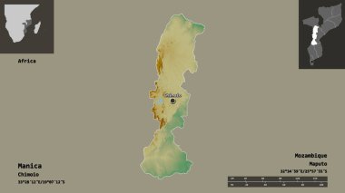 Manica 'nın şekli, Mozambik ili ve başkenti. Uzaklık ölçeği, ön gösterimler ve etiketler. Topografik yardım haritası. 3B görüntüleme