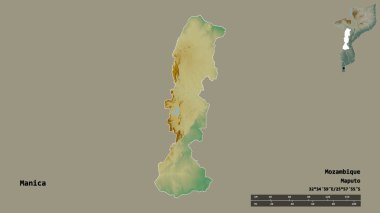 Mozambik ili, Manica 'nın şekli, başkenti sağlam bir zemin üzerinde izole edilmiş. Uzaklık ölçeği, bölge önizlemesi ve etiketleri. Topografik yardım haritası. 3B görüntüleme