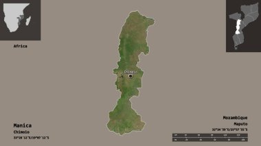 Manica 'nın şekli, Mozambik ili ve başkenti. Uzaklık ölçeği, ön gösterimler ve etiketler. Uydu görüntüleri. 3B görüntüleme