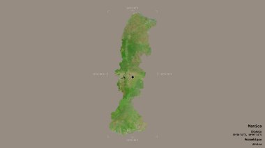 Manica bölgesi, Mozambik ili, jeoreferatlı bir sınır kutusunda sağlam bir arka planda izole edilmiş. Etiketler. Uydu görüntüleri. 3B görüntüleme