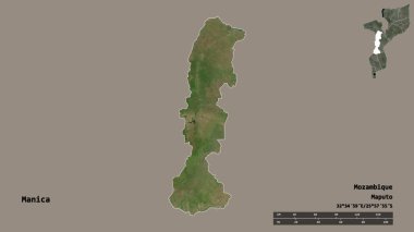 Mozambik ili, Manica 'nın şekli, başkenti sağlam bir zemin üzerinde izole edilmiş. Uzaklık ölçeği, bölge önizlemesi ve etiketleri. Uydu görüntüleri. 3B görüntüleme
