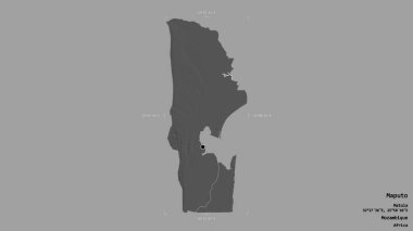 Maputo bölgesi, Mozambik ili, katı bir arka planda izole edilmiş bir sınır kutusunda. Etiketler. Çift seviyeli yükseklik haritası. 3B görüntüleme