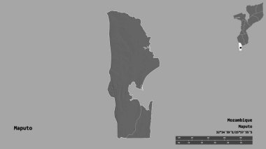Mozambik ili, Maputo 'nun başkenti, sağlam bir zemin üzerinde izole edilmiştir. Uzaklık ölçeği, bölge önizlemesi ve etiketleri. Çift seviyeli yükseklik haritası. 3B görüntüleme
