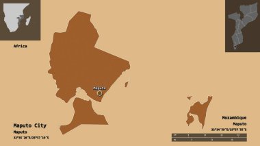 Maputo şehri, Mozambik ili ve başkenti. Uzaklık ölçeği, ön gösterimler ve etiketler. Düzenli desenli dokuların bileşimi. 3B görüntüleme