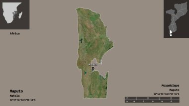 Mozambik ili ve başkenti Maputo 'nun şeklidir. Uzaklık ölçeği, ön gösterimler ve etiketler. Uydu görüntüleri. 3B görüntüleme