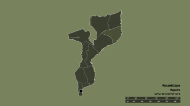 Başkenti, ana bölgesel bölümü ve ayrılmış Nampula bölgesi ile Mozambik 'in deforme edilmiş şekli. Etiketler. Renkli yükseklik haritası. 3B görüntüleme