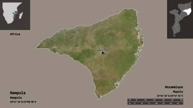 Nampula 'nın şekli, Mozambik ili ve başkenti. Uzaklık ölçeği, ön gösterimler ve etiketler. Uydu görüntüleri. 3B görüntüleme
