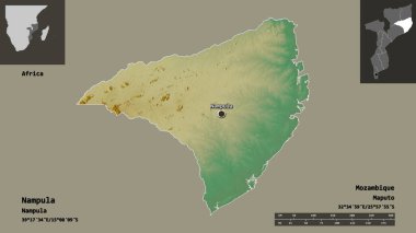 Nampula 'nın şekli, Mozambik ili ve başkenti. Uzaklık ölçeği, ön gösterimler ve etiketler. Topografik yardım haritası. 3B görüntüleme