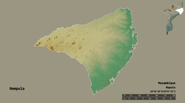 Mozambik 'in Nampula şehrinin başkenti sağlam bir zemin ile izole edilmiştir. Uzaklık ölçeği, bölge önizlemesi ve etiketleri. Topografik yardım haritası. 3B görüntüleme