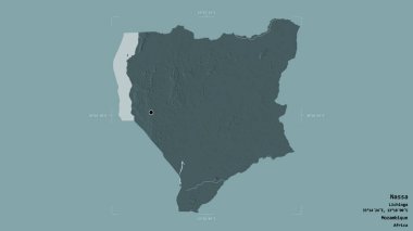 Nassa bölgesi, Mozambik vilayeti, jeoreferatlı bir sınır kutusunda sağlam bir arka planda izole edilmiş. Etiketler. Renkli yükseklik haritası. 3B görüntüleme