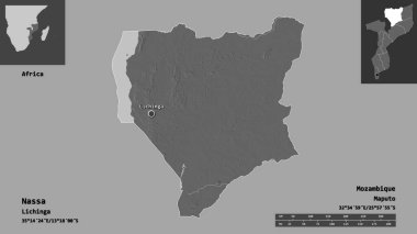 Nassa 'nın şekli, Mozambik ili ve başkenti. Uzaklık ölçeği, ön gösterimler ve etiketler. Çift seviyeli yükseklik haritası. 3B görüntüleme