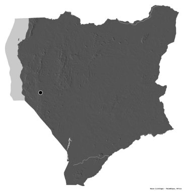 Başkenti beyaz arka planda izole edilmiş, Mozambik ili Nassa 'nın şekli. Çift seviyeli yükseklik haritası. 3B görüntüleme