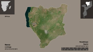 Nassa 'nın şekli, Mozambik ili ve başkenti. Uzaklık ölçeği, ön gösterimler ve etiketler. Uydu görüntüleri. 3B görüntüleme