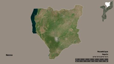 Mozambik 'in Nassa eyaleti, başkenti sağlam bir zemin üzerinde izole edilmiştir. Uzaklık ölçeği, bölge önizlemesi ve etiketleri. Uydu görüntüleri. 3B görüntüleme