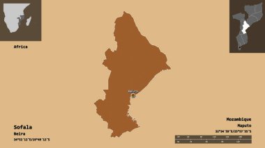 Sofala 'nın şekli, Mozambik ili ve başkenti. Uzaklık ölçeği, ön gösterimler ve etiketler. Düzenli desenli dokuların bileşimi. 3B görüntüleme