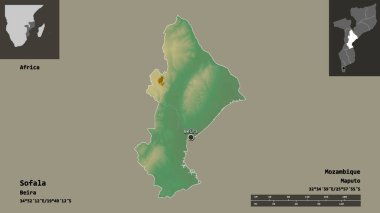 Sofala 'nın şekli, Mozambik ili ve başkenti. Uzaklık ölçeği, ön gösterimler ve etiketler. Topografik yardım haritası. 3B görüntüleme