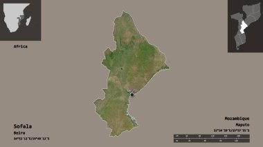 Sofala 'nın şekli, Mozambik ili ve başkenti. Uzaklık ölçeği, ön gösterimler ve etiketler. Uydu görüntüleri. 3B görüntüleme