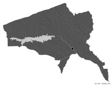 Mozambik 'in başkenti Tete' nin beyaz arka planda izole edilmiş hali. Çift seviyeli yükseklik haritası. 3B görüntüleme
