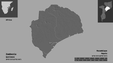 Zambezia 'nın şekli, Mozambik ili ve başkenti. Uzaklık ölçeği, ön gösterimler ve etiketler. Çift seviyeli yükseklik haritası. 3B görüntüleme