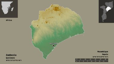Zambezia 'nın şekli, Mozambik ili ve başkenti. Uzaklık ölçeği, ön gösterimler ve etiketler. Topografik yardım haritası. 3B görüntüleme