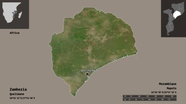 Zambezia 'nın şekli, Mozambik ili ve başkenti. Uzaklık ölçeği, ön gösterimler ve etiketler. Uydu görüntüleri. 3B görüntüleme