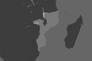 Mozambik 'in şekli komşu bölgelerin dedoygunluğuyla ayrılır. Çift seviyeli yükseklik haritası. 3B görüntüleme