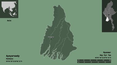 Ayeyarwady 'nin şekli, Myanmar' ın bölünmesi ve başkenti. Uzaklık ölçeği, ön gösterimler ve etiketler. Renkli yükseklik haritası. 3B görüntüleme