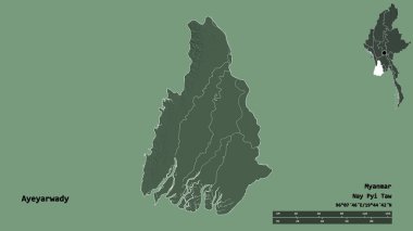 Ayeyarwady 'nin şekli, Myanmar' ın bölünmesi, sermayesi sağlam arka planda izole edilmiş. Uzaklık ölçeği, bölge önizlemesi ve etiketleri. Renkli yükseklik haritası. 3B görüntüleme