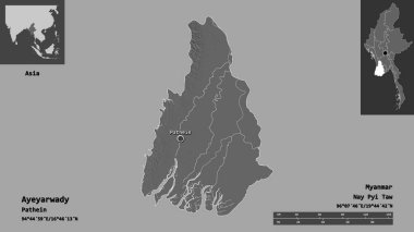 Ayeyarwady 'nin şekli, Myanmar' ın bölünmesi ve başkenti. Uzaklık ölçeği, ön gösterimler ve etiketler. Çift seviyeli yükseklik haritası. 3B görüntüleme