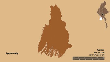 Ayeyarwady 'nin şekli, Myanmar' ın bölünmesi, sermayesi sağlam arka planda izole edilmiş. Uzaklık ölçeği, bölge önizlemesi ve etiketleri. Düzenli desenli dokuların bileşimi. 3B görüntüleme