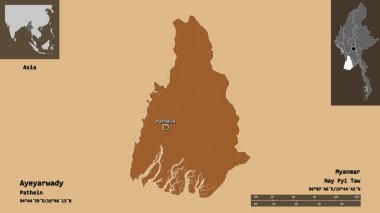 Ayeyarwady 'nin şekli, Myanmar' ın bölünmesi ve başkenti. Uzaklık ölçeği, ön gösterimler ve etiketler. Düzenli desenli dokuların bileşimi. 3B görüntüleme