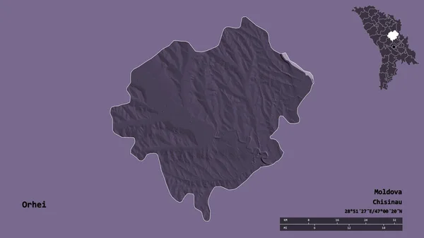 摩尔多瓦地区的Orhei形状 其首都在坚实的背景下与世隔绝 距离尺度 区域预览和标签 彩色高程图 3D渲染 — 图库照片