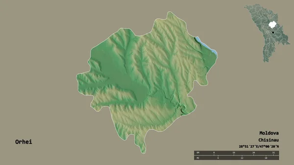 モルドバの郡オルヘイの形は その首都はしっかりとした背景に隔離されています 距離スケール リージョンプレビュー およびラベル 地形図 3Dレンダリング — ストック写真